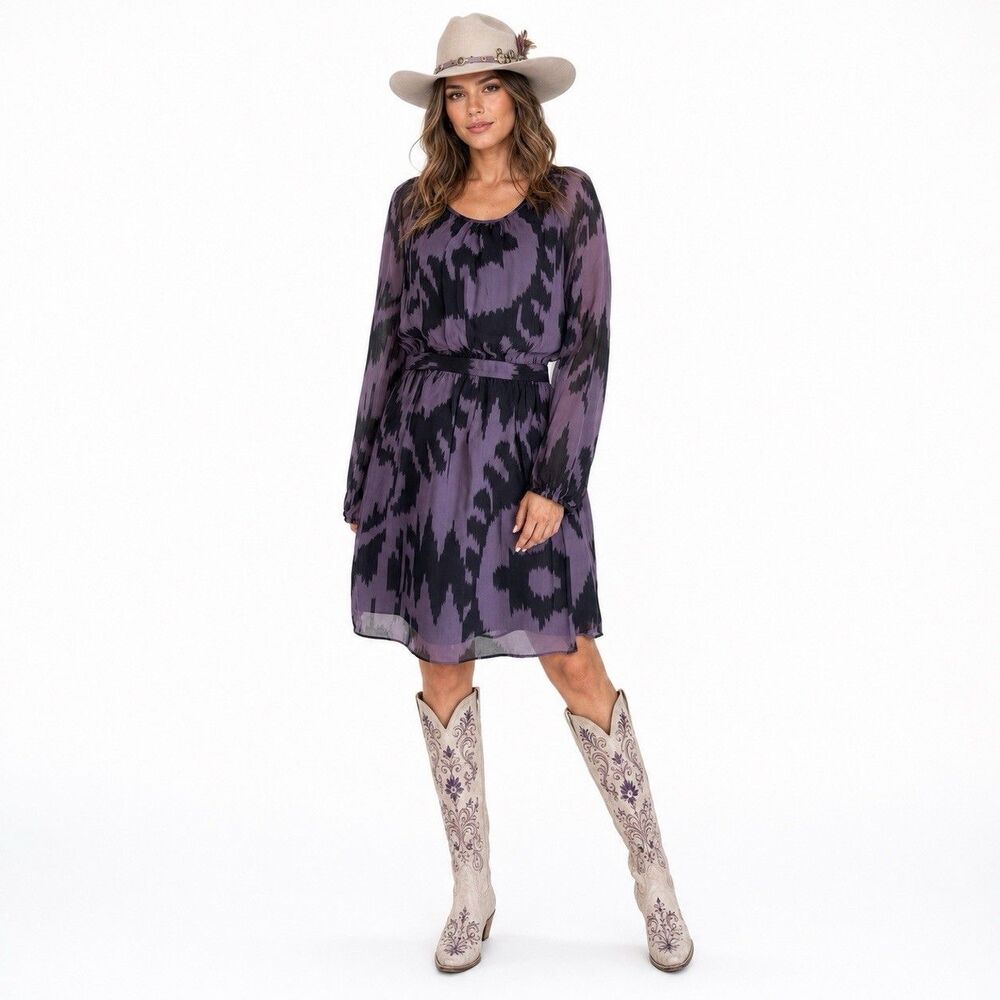 Shoshanna Purple Black Silk Blouson Mini Dress Long Sleeve Ikat Abstract Sz 4